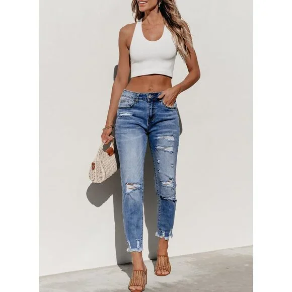 Women's Distressed Straight Leg Boyfriend Jeans Denim Spring Summer - Picture 3 of 6